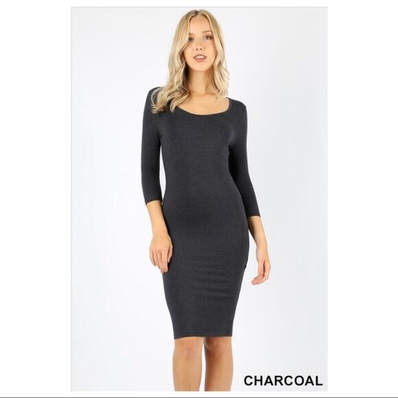 3/4 sleeve midi dress-charcoal (Medium) - Picture 1 of 1